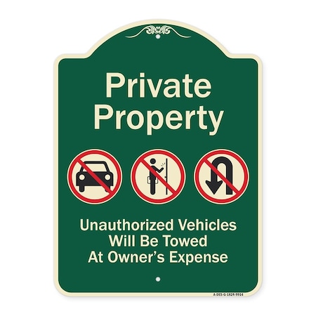 Signmission Designer Series-Private Property Unauthorized Vehicles Towed No Cars, 24" x 18", G-1824-9914 A-DES-G-1824-9914